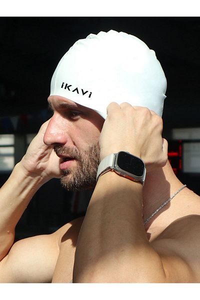 İKAVİ High Quality Silicone Cap - White Pool & Sea Swimming Cap