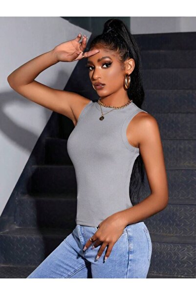 devirhesapdevri Women's Gray Corded Crew Neck Wide Shoulder Zero Sleeve Undershirt