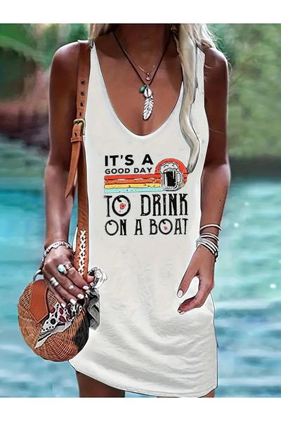 Moka Shopin Rochie de damă, cu mâneci zero, cu decolteu în V, cu imprimeu Good Day, din viscoză