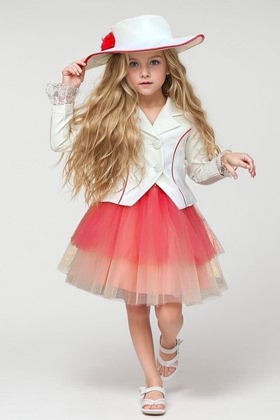 Riccotarz Girl - Lace Blazer, Layered Tulle Pomegranate Flower Skirt Suit