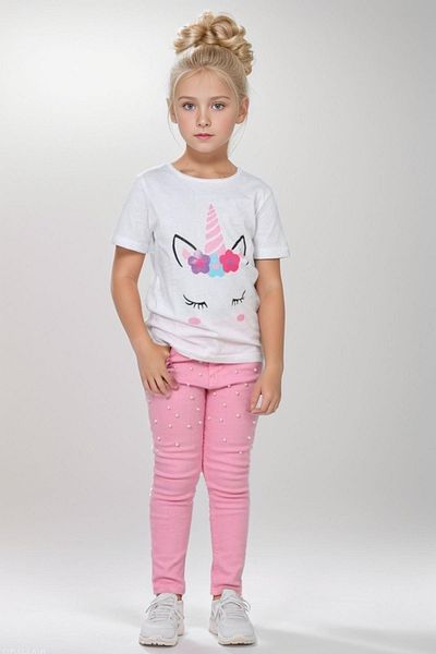 Riccotarz Σετ μπλουζάκι για κορίτσια με στάμπα Unicorn και παντελόνι με ροζ χάντρες