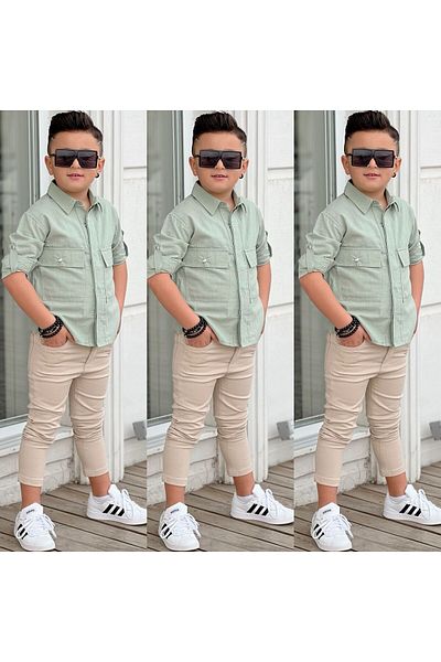 Sahil Collection GREEN SHIRT FLAM FABRIC GABARDINE CREAM COLOR TROUSERS BOY'S SET