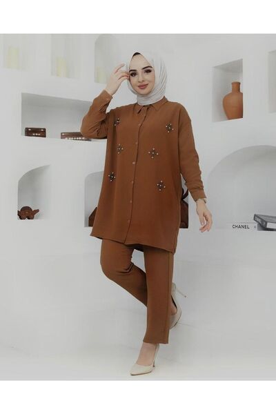 ECK MODA طقم نسائي من قماش الكتان البني المطرز بالأحجار