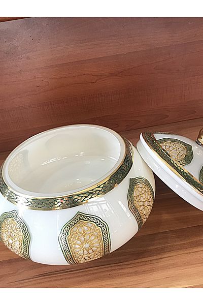 DECOSTYLE Seljuk Pattern Gold Embroidered Large Bowl with Lid