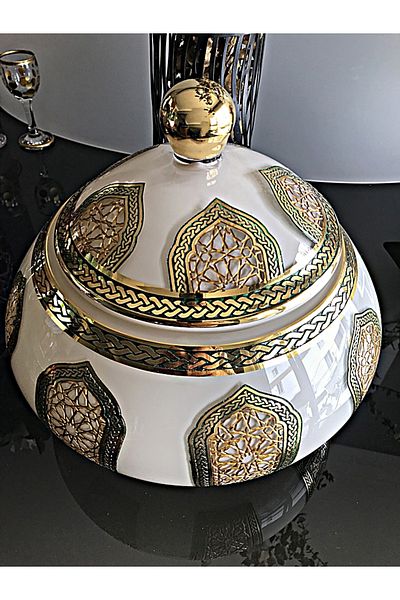 DECOSTYLE Seljuk Pattern Gold Embroidered Large Bowl with Lid