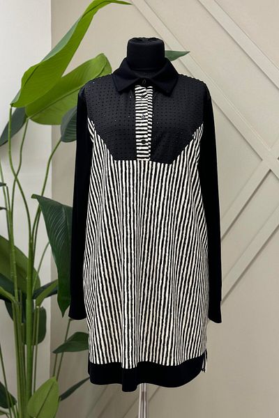 FUAT GÜRSEN Black Shirt Collar Stone Embroidered Tunic