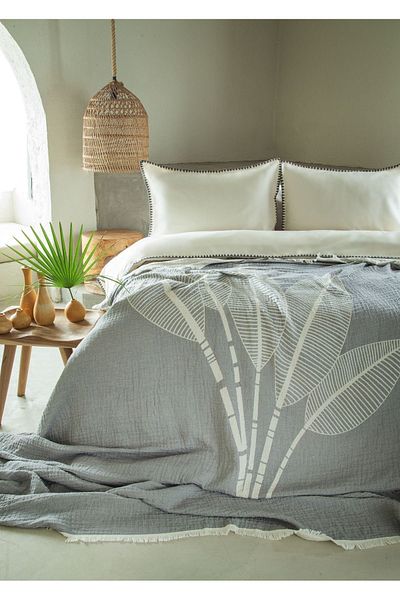 Apricitas HOME Müslin Collection June - Γκρι Σετ Παπλωματοθήκη Διπλό, Κάλυμμα Κρεβατιού από 100% Βαμβάκι