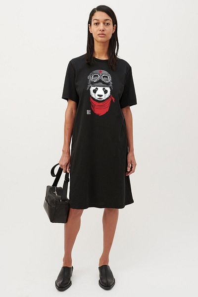ROCKANDROLL Bandana Panda Negru Decolteu Crew Maneca scurta Deasupra genunchiului Rochie din bumbac pieptanat de lungime medie