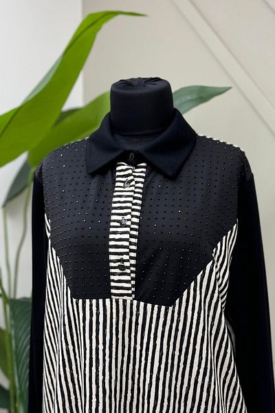 FUAT GÜRSEN Black Shirt Collar Stone Embroidered Tunic
