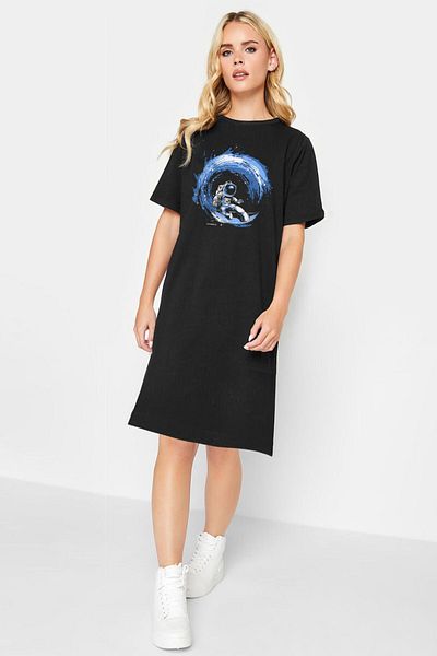 ROCKANDROLL Galactic Surfer Black Crew Neck Short Sleeve Above Knee Mid Length Combed Cotton Dress