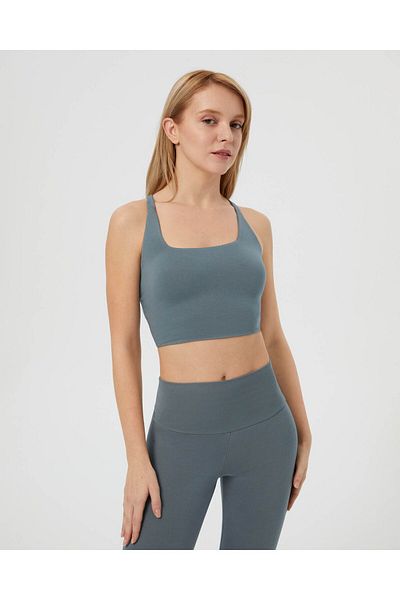 Ayma Active Blue Gray Swimmer Strap Square Collar Yoga Pilates Sports Bra