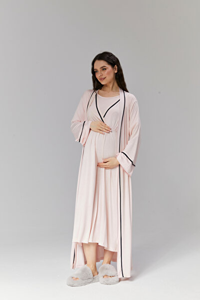 LOHOUSE Set de 2 cămăși de noapte și halate de maternitate, pudră, cu două râ...