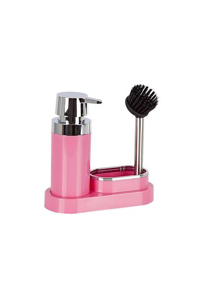 esdekor Pollen Kitchen Set Pink Liquid Soap Dispenser Brush Plastic 300ml 20x8,5x19,5cm with Sponge Chamber 1 Piece