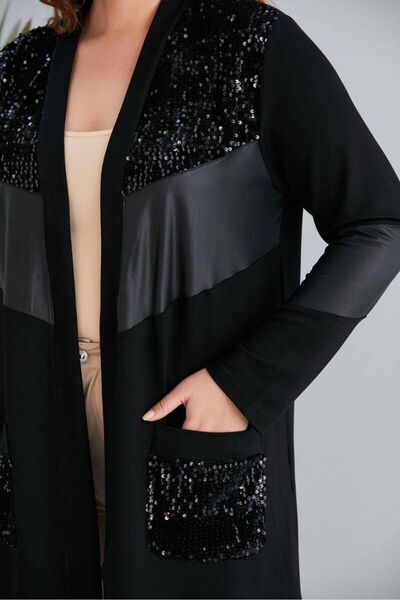 Butik Ayseba Kadın Siyah Pullu Pul Payet Deri Detaylı Cepli Hırka Ceket