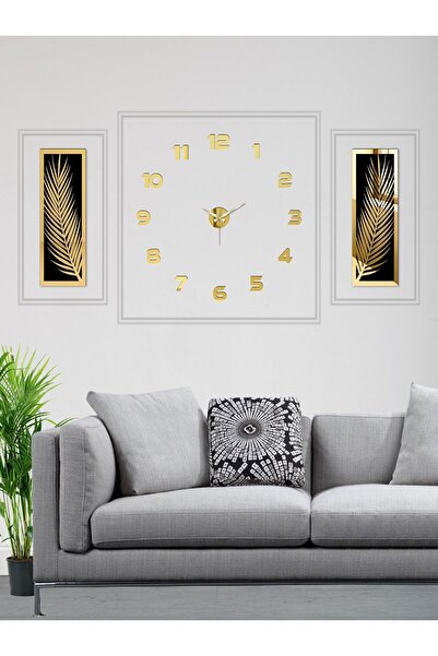 Wooden Factory 3 Parçalı Duvar Saati Seti, Akrilik Pleksi Aynalı Palmiye Yapr...