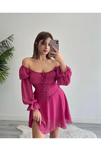 munora butik Kuşgözü Detaylı Şifon Fuşya Elbise