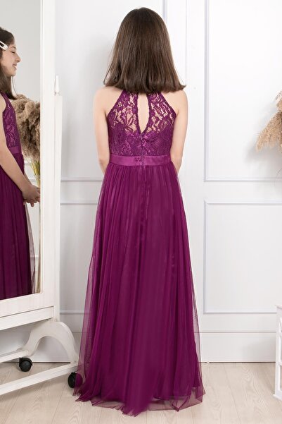 Genel Markalar Dantel Detaylı Tül Çocuk Abiye Mürdüm Mdv302