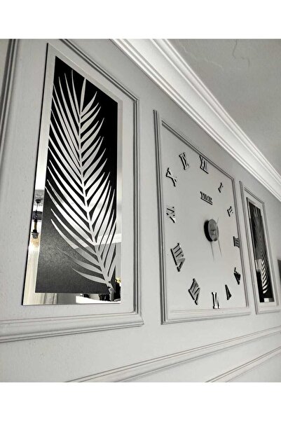 Wooden Factory 3 Parçalı Duvar Saati Seti, Akrilik Pleksi Aynalı Palmiye Yapraklar Ve Roma R. Saat