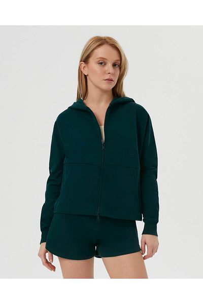 Ayma Active Dark Green Zippered Hooded Pocket Sweatshirt