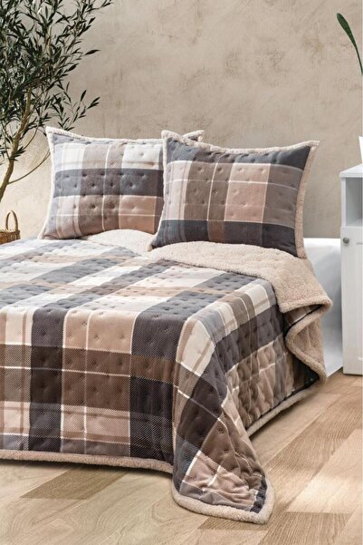 Çeyiz Diyarı Vera All Day Plush Square Patterned Double Bedspread Beige