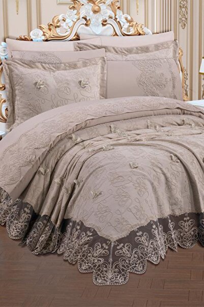 Çeyiz Diyarı طقم بيكيه مطرز بالشنيل مكون من 6 قطع باللون البيج