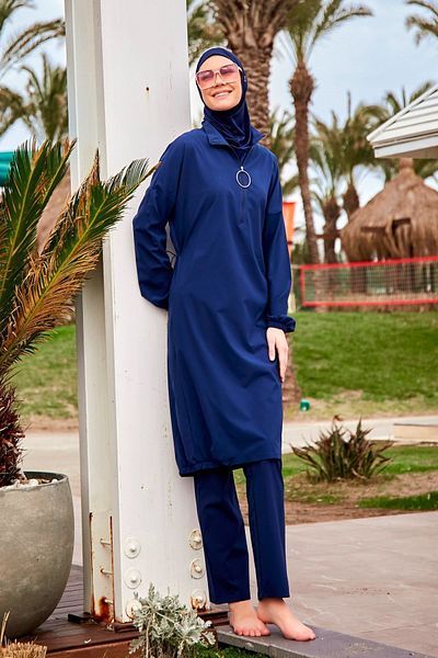 Marina Marineblauer voll bedeckter Hijab-Badeanzug aus Fallschirmstoff M2403