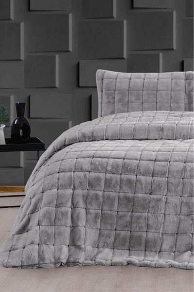 Çeyiz Diyarı Velina Plush Double Bedspread Gray