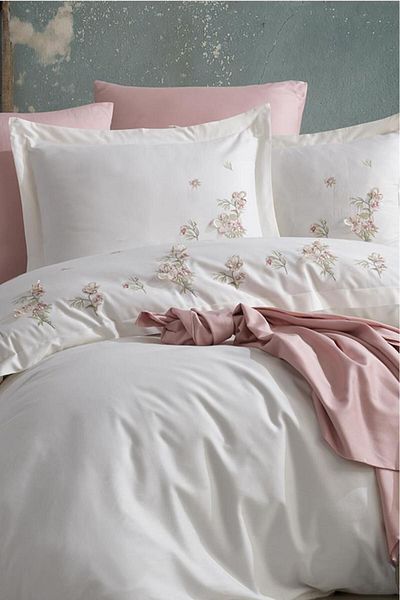Çeyiz Diyarı Ecru Venus Embroidered 100% Cotton Satin Double Duvet Cover Set