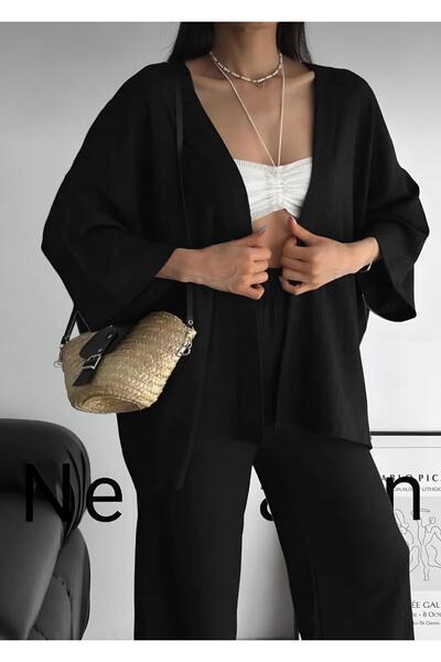 NewCabin Kimono negru din Lycra de vară și pantaloni cu picioare largi - Set de țesături ondulate înfășurat sezon nou
