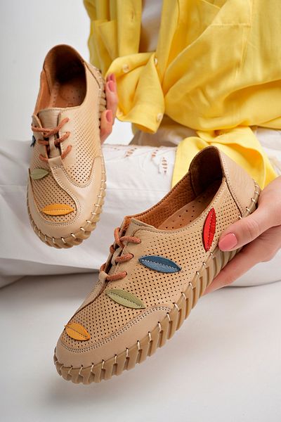Deripabuc Beige Genuine Leather Women's Casual Shoes - Dp77-0671