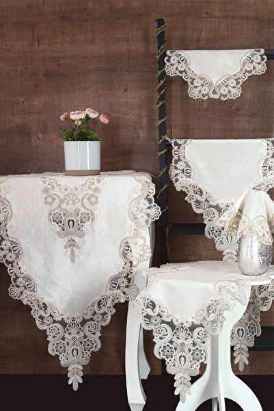 Çeyiz Diyarı طقم صالة نسليهان مخمل 5 قطع - كريمي