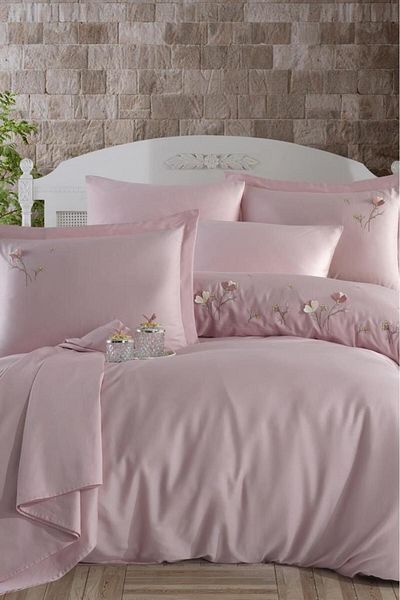 Çeyiz Diyarı Παπλωματοθήκη Lapis Embroidered Satin - 100% Cotton, Double, Powder
