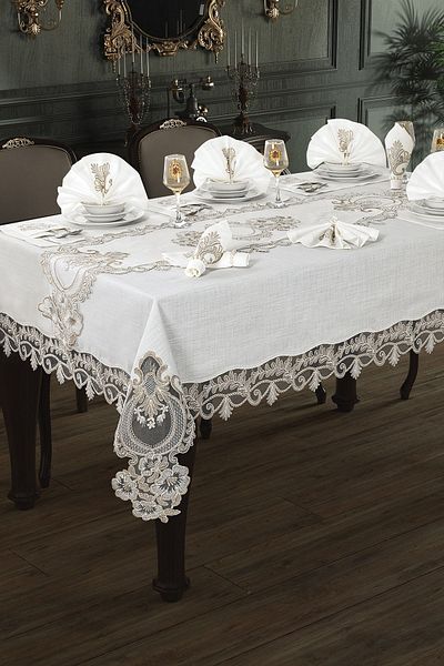 Çeyiz Diyarı Set fete de masă Gülfem pentru 8 persoane, cremă Cappucino