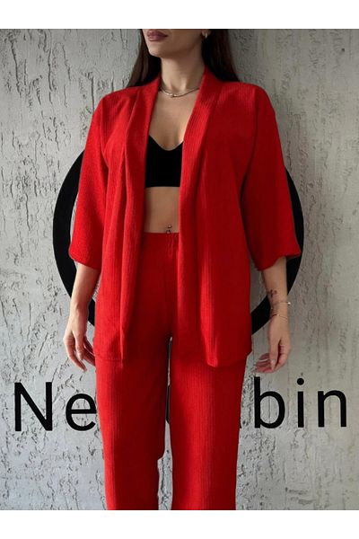 NewCabin Kimono și pantaloni cu picioare largi din lycra roșii de vară - Set sezon nou