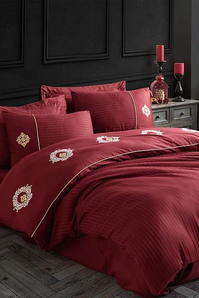 Hobby Elegant Embroidered Cotton Satin Double Duvet Cover Set Olimpos Bordeaux