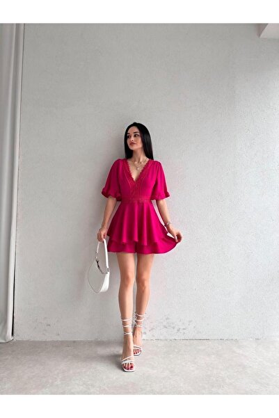 munora butik Sırt Dekolteli Brode Detaylı Fuşya Tulum Elbise