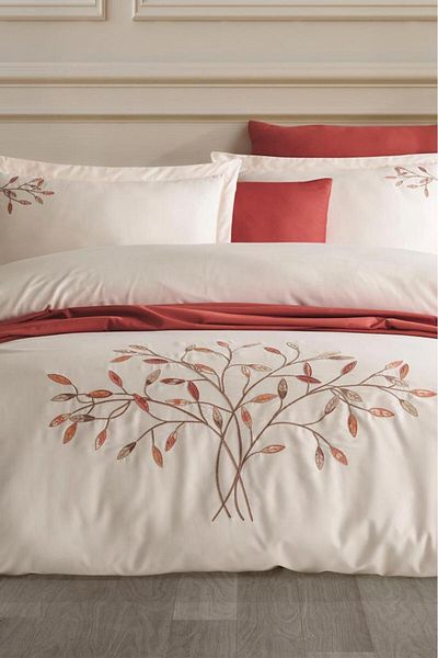 Çeyiz Diyarı Amor Embroidered 100% Cotton Satin Double Duvet Cover Set Champagne