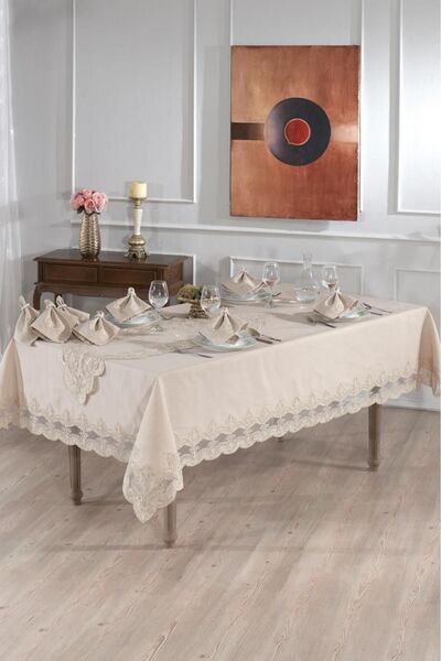 Çeyiz Diyarı طقم مفرش طاولة بلح البحر 18 قطعة كابتشينو