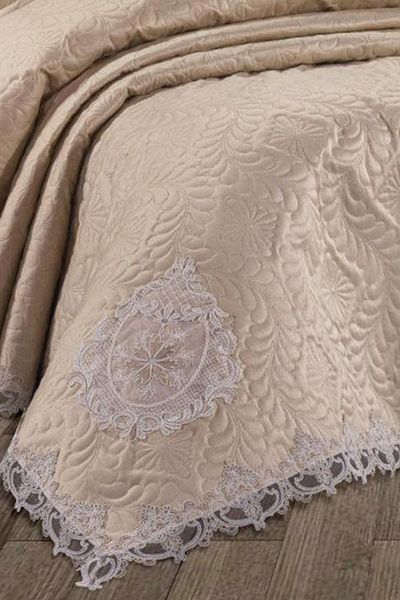 Çeyiz Diyarı French Lace Omara 3 Piece Bedspread Set Cappucino