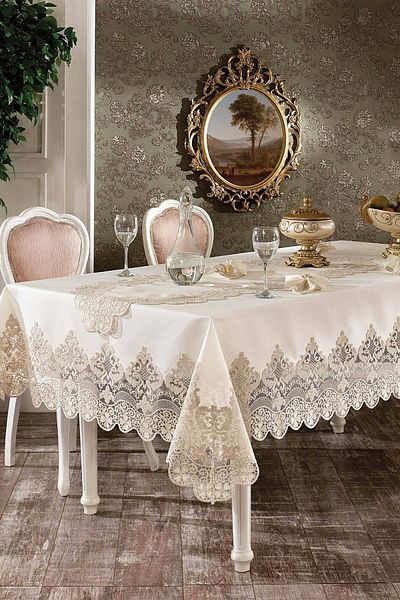 Çeyiz Diyarı French Laced Ruby Tablecloth Set 26 Pieces Ecru Gold