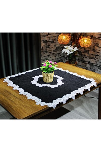 Çeyiz Diyarı Placă de șemineu din catifea Island cu dantelă franceză - Negru ...