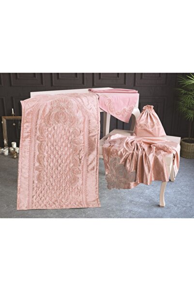 Çeyiz Diyarı Fransız Güpürlü Kadife Seccade Bohça Seti Yasemin Pudra