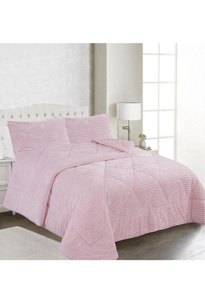 Çeyiz Diyarı Ece Stripe Double Plush Bedspread Powder