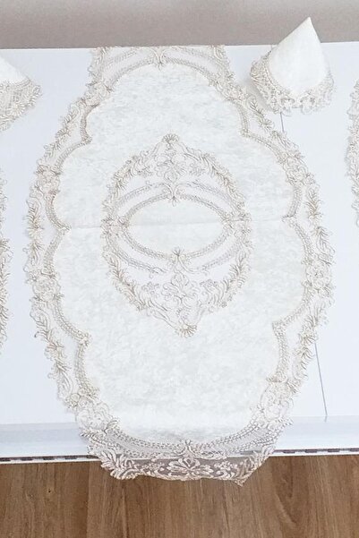 Çeyiz Diyarı French Laced Orchid Velvet Living Room Set 5 Pieces Cream Gold