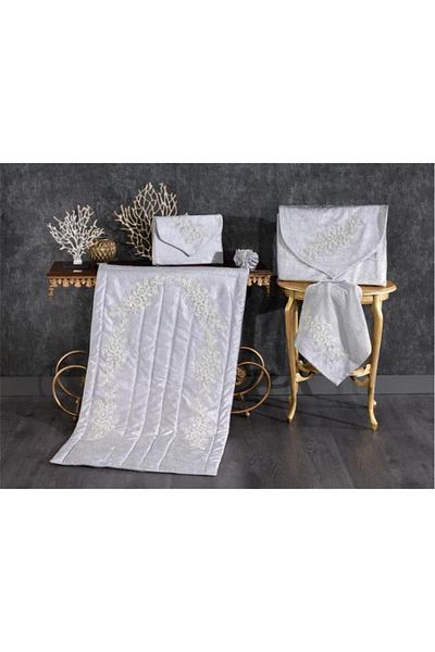 Çeyiz Diyarı Velvet Prayer Rug Set Gray