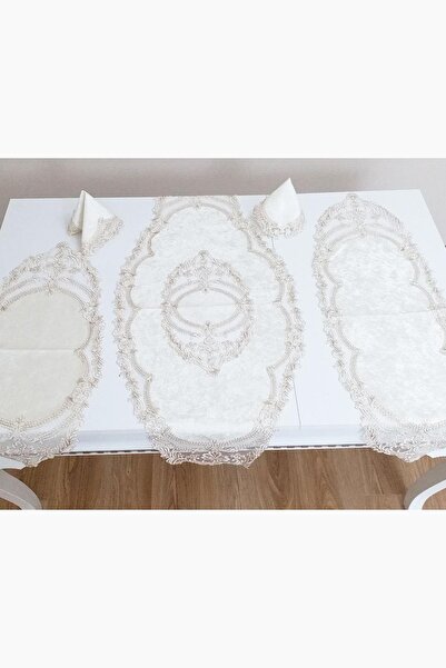 Çeyiz Diyarı French Laced Orchid Velvet Living Room Set 5 Pieces Cream Gold