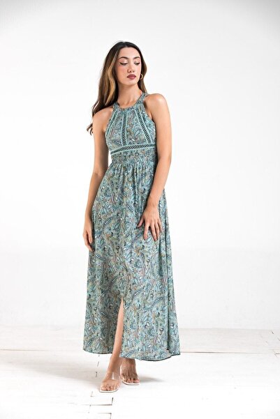 munora butik Sırtı Bağlama Detaylı Etnik Desen Halter Yaka Maxi Elbise
