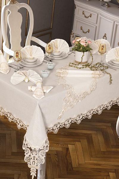 Çeyiz Diyarı Față de masă Neslihan 160x260 Cm 26 Bucăți Crem