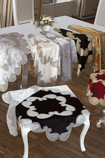 Çeyiz Diyarı Placă de șemineu din catifea Verna cu dantelă franceză - Aur Roș...