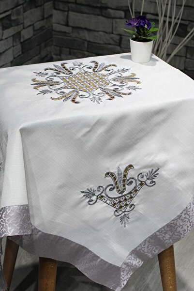 Çeyiz Diyarı فيسكوز مطرز باللون الرمادي الكريمي - 100x100 سم